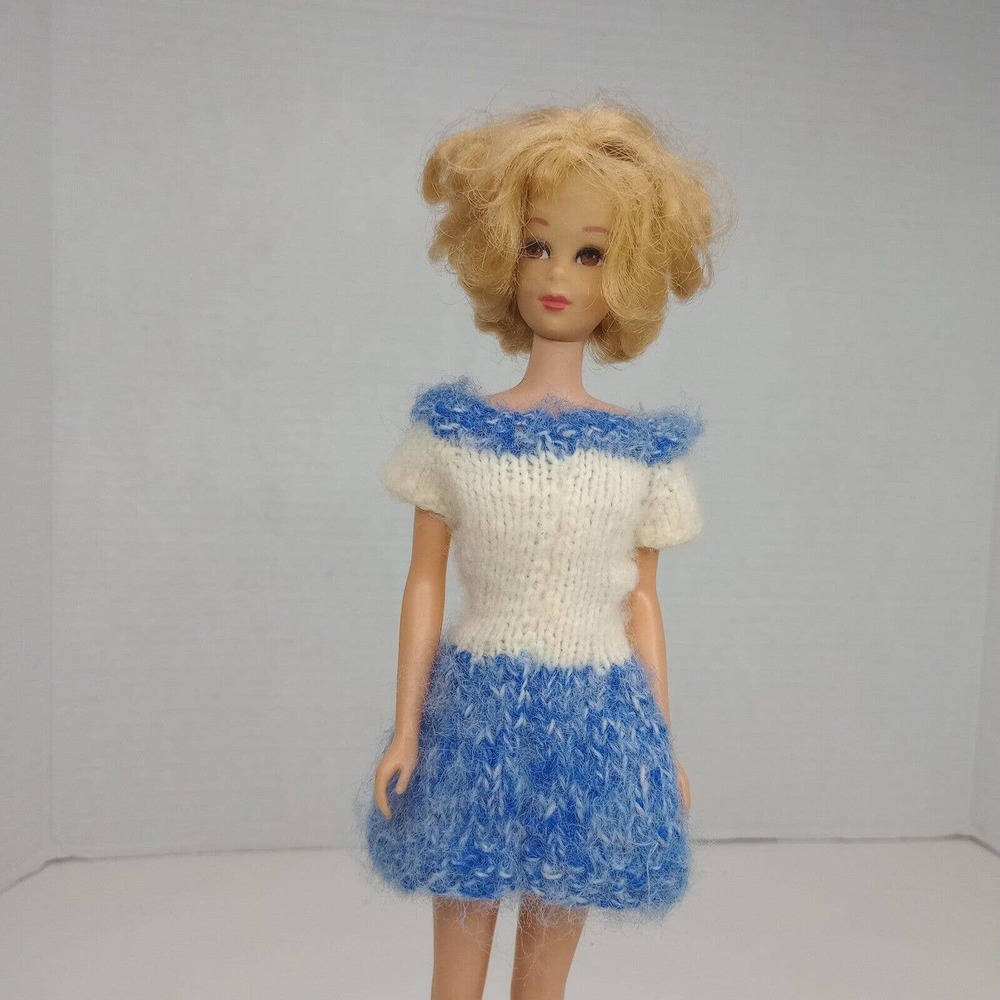 Vintage Barbie Clone Handmade Blue And White Knit Dress